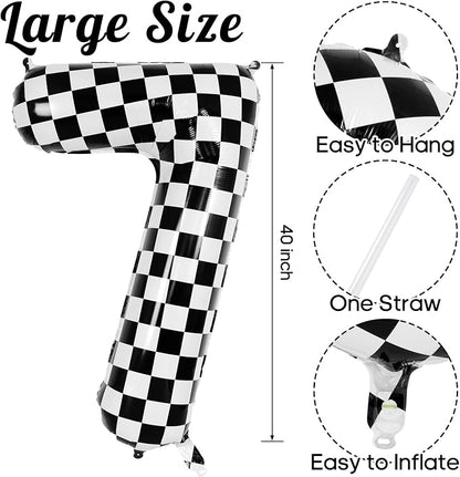 Checkered Number 7 Balloon 40 Inch, Large Foil Black and White Number Balloons - Image 3