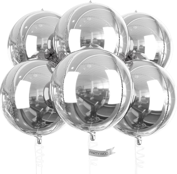 PartyWoo Metallic Silver Large Round Giant Foil 4D Balloons 6pcs 22 Inch | 22 by PartyWoo