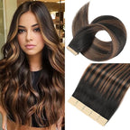 Tape in Hair Extensions Real Human Hair 24 Inch Balayage Natural Black Mixed Chestnut Brown Tape for Skin Weft Hair Extension Invisible Tape in Hair Extensions Straight Remy Human Hair for Women 20pcs