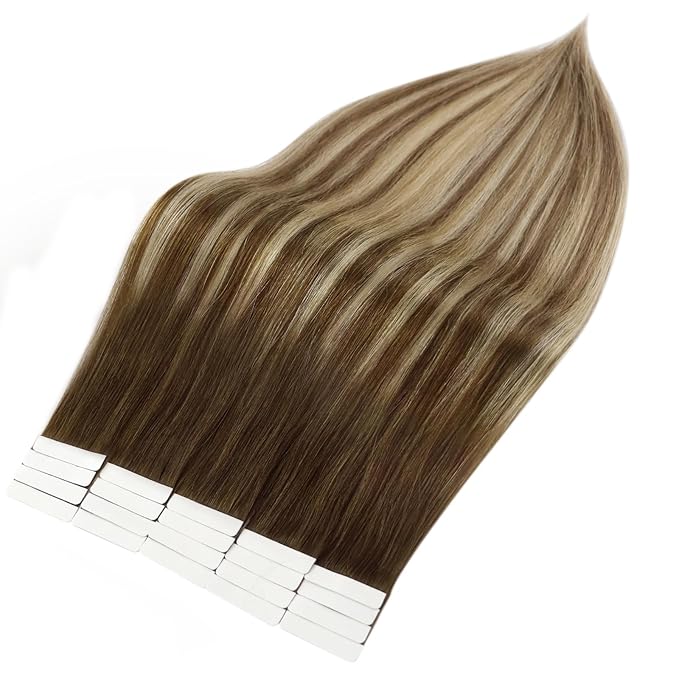 Full Shine Tape in Hair Extensions Human Hair Balayage Color 4/27/60/8 Ombre Brown and Blonde Seamless Skin Weft Tape in Extensions 12 Inch 20 Pcs 30G Brazilian Invisible for Women