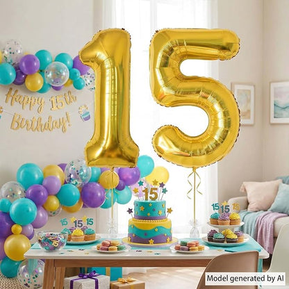 Gold Number 15 Balloon 40 Inch, Shiny Foil Decor - Image 2