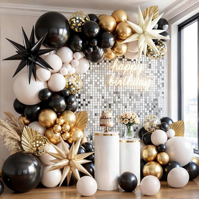 Black White Gold Balloons Arch Kit, Exploding Star, Party Decor | Black Beige by Kalyerparty