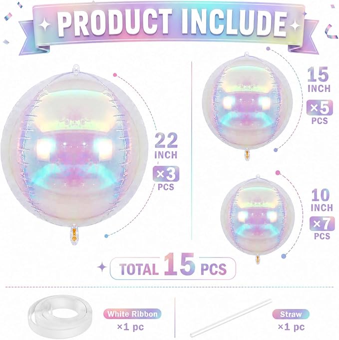 15 Pcs Iridescent Round Foil Balloons, 22/15/10 Inch 4D Ball Balloons Clear - Image 2