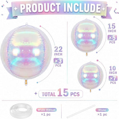 15 Pcs Iridescent Round Foil Balloons, 22/15/10 Inch 4D Ball Balloons Clear - Image 2