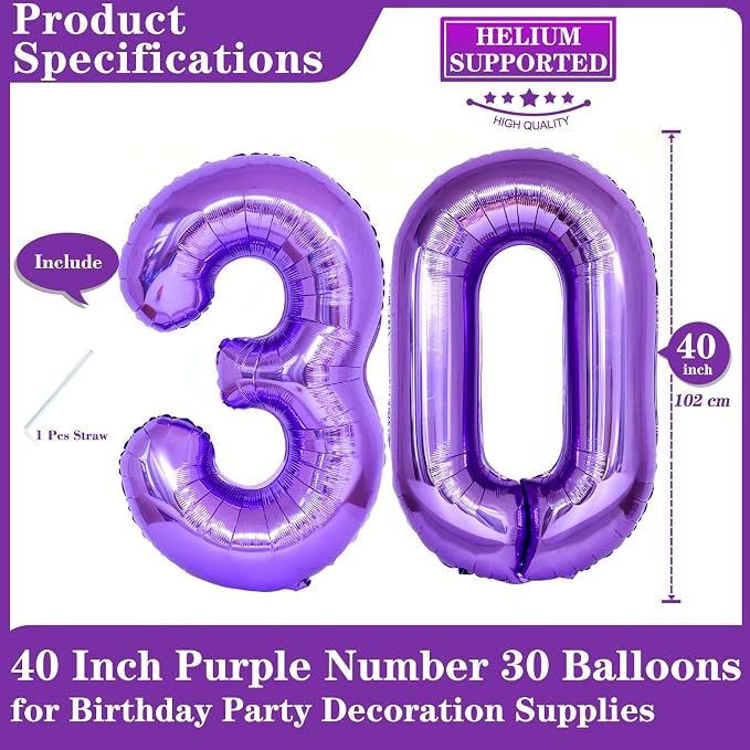 Purple 30 Number Balloons, 40 Inch Giant Number 30 Balloons Foil Mylar Helium - Image 2
