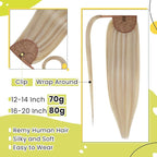 RUNATURE Blonde Human Hair Ponytail Extension, Long Ponytail Extension Real Human Hair 20 Inch, Ponytail Hair Extensions With Magic Paste, Remy Natural Hair, 80g #18P613 Ash Blonde Highlight