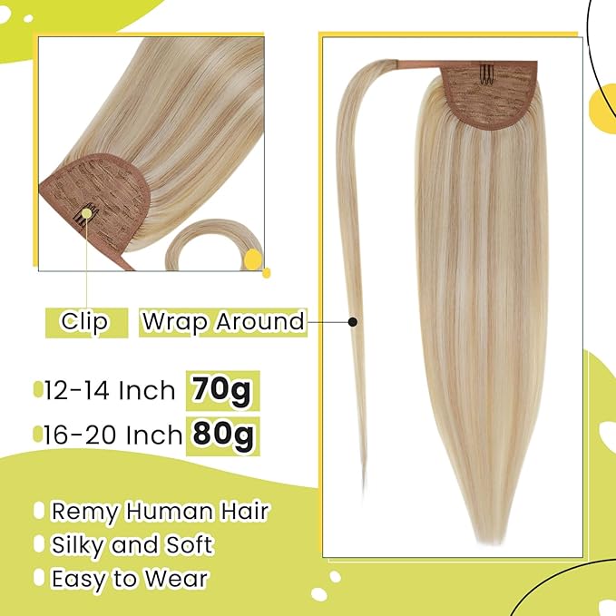 RUNATURE Ponytail Extension Human Hair, Real Hair Ponytail Extension Blonde, Straight Human Hair Ponytail, Remy Natural Hair Tangle Free, 14 Inch 70g #18P613 Ash Blonde Highlight Platinum Blonde