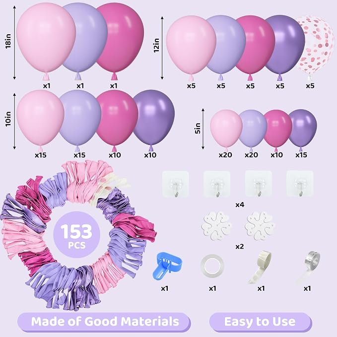 Amandir 153Pcs Pink Purple Balloons Arch Garland Kit Different Sizes | 18 12 10 - Image 3