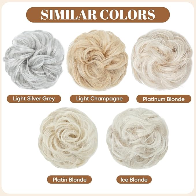 CJL HAIR Large Messy Bun Hair Piece Wavy Curly Scrunchies Synthetic Chignon Ponytail Hair Extensions Thick Updo Hairpieces for Women Platinum Blonde
