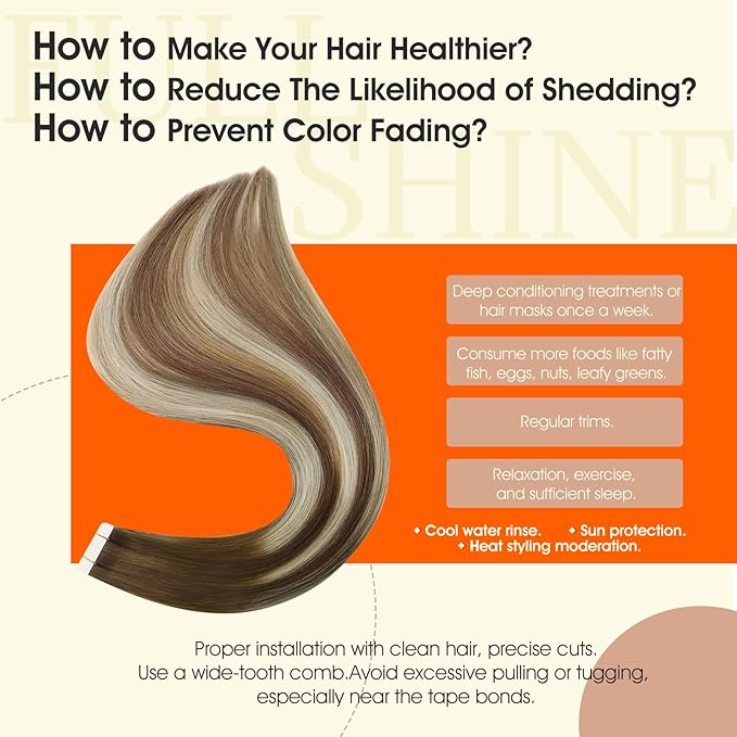 Full Shine Brown And Blonde Tape in Hair Extension Real Remy Natural Color 4 Brown Ombre 27 Blonde And 8 Brown Highlight 60 Invisible Tape in Human Hair Extension 16Inch for Women Add Volume 50G 20Pcs