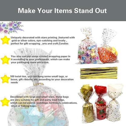 100 Pcs Star Printed 7"X 12" Gift Wrap Cello Cellophane Treat Bags Party Favor - Image 4