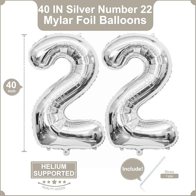40 Inch Silver 22 Balloons Giant Number 22 Balloons Silver 22 Birthday Balloons - Image 2