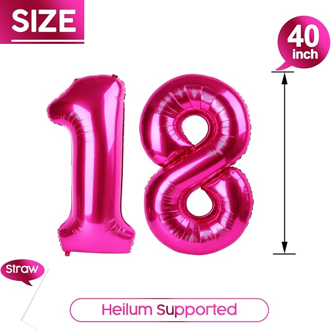 18 Balloon - Hot Pink Birthday Number Balloons, 40 Inch Party Decorations | Hot - Image 5