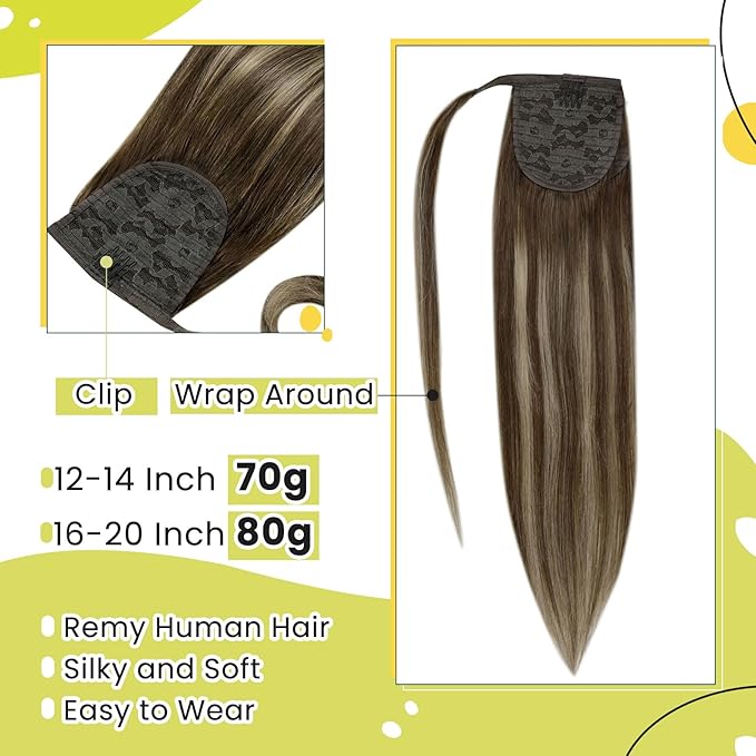 RUNATURE Human Hair Ponytail, Balayage Ponytail Extension Human Hair, Straight Real Hair Ponytail Extension, Tangle Free No Shedding, 16 Inch 80g #4/27/4 Medium Brown to Honey Blonde Highlights