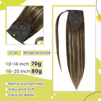 RUNATURE Ombre Ponytail Extension Human Hair Short Ponytail Human Hair Extensions with Magic Paste Ombre Brown to Caramel Blonde with Medium Brown Straight Real Hair Ponytail Extension 12 Inch 70g