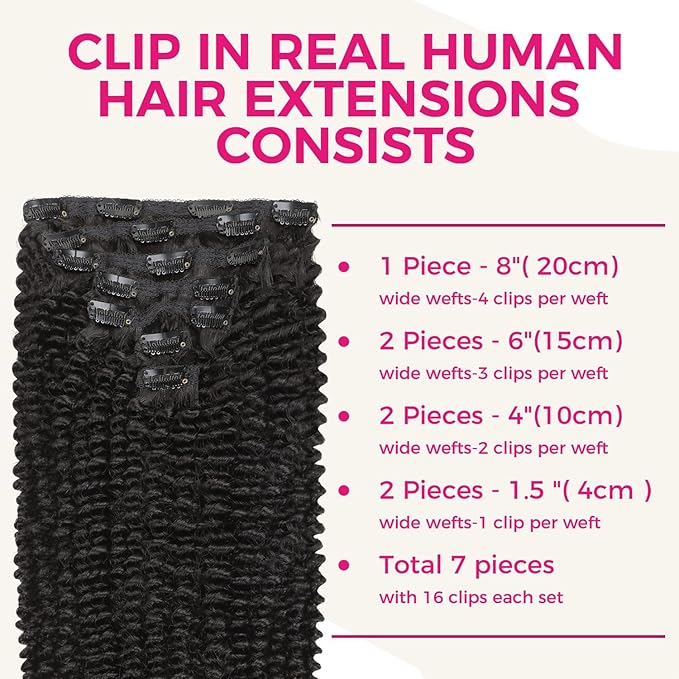Lashey Clip in Hair Extensions Real Human Hair 7pcs 120g Kinky Curly Clip in Hair Extensions 16 Inch Remy Human Hair Natural Black