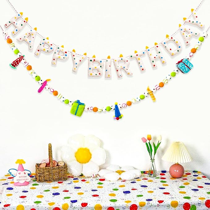 Pre-Strung Confetti Dots Handmade Wool Felt Happy Birthday Banner Garland | 3D - Image 8