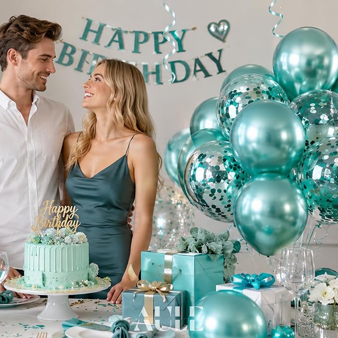 AULE 42Pcs Metallic 12 Inch Green Confetti Balloons Set | Teal Green Party - Image 2