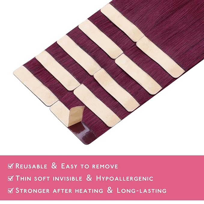 WENNALIFE Tape in Hair Extensions Human Hair Light Burgundy Tape in Extensions, 10pcs 30g 20 inch Remy Invisible Tape Ins Straight Colored Soft Real Human Hair Tape in Extensions Refill Set Extensions