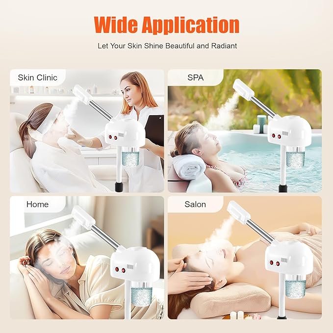 Professional Facial Steamer, 800W White Skin Care Equipment w/Wheels, 750ml Large Capacity Face Steamer Machine for Beauty Salon, Adjustable Height Hot Mist Steamer for Oily Dry Neutral Skin