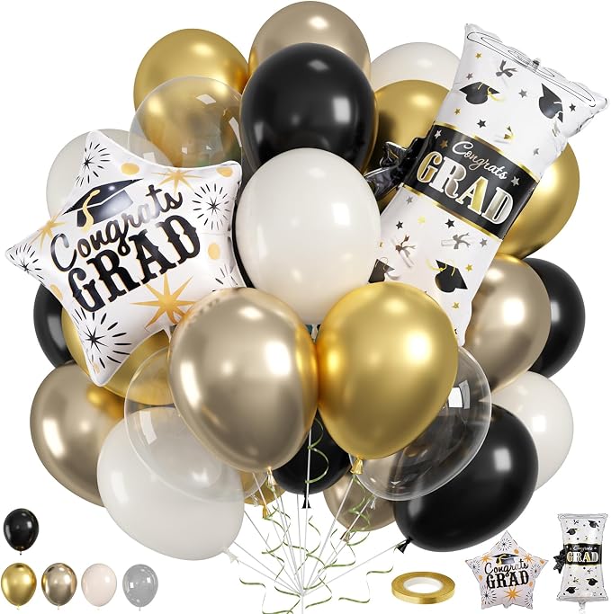 60pcs Black and Gold Graduation Balloons by Saxuxu