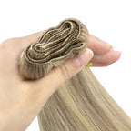 YoungSee Sew in Hair Extensions Real Human Hair Highlight Hair Extensions Weft Dark Ash Blonde Highlighted Light Blonde Full Head Sew in Bundles Human Hair 16Inch 100G