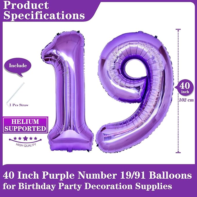 Purple 19 Number Balloons, 40 Inch Giant Number 19 Balloons Foil Mylar Helium - Image 2