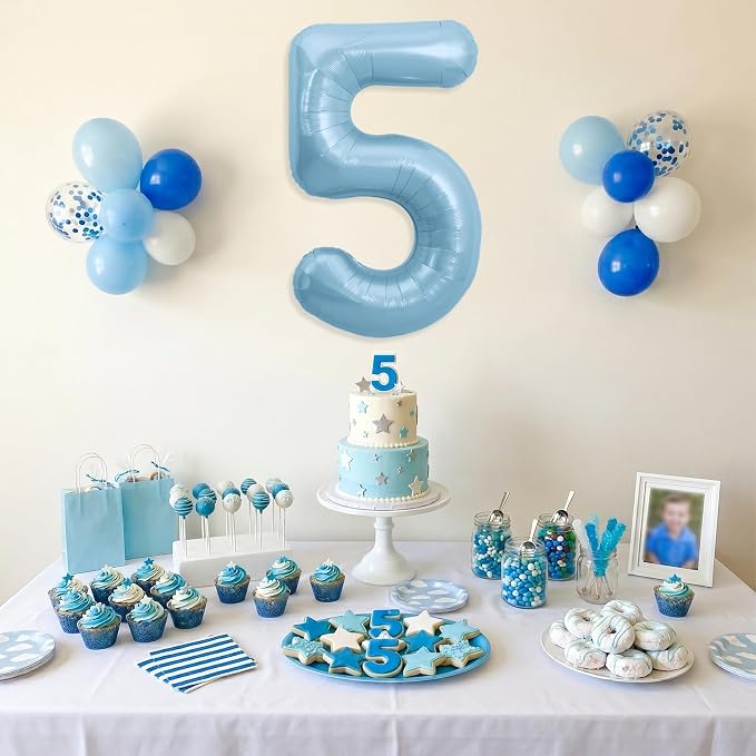 TONIFUL 40 Inch Pastel Blue Number 5 Foil Balloon Large Mylar Foil Digit 5 - Image 3