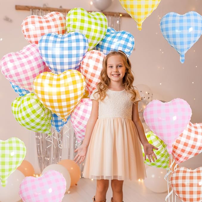 Pastel Grid Heart Balloons, 18 Inch Pink Yellow Blue Red Green Lattice Foil - Image 4