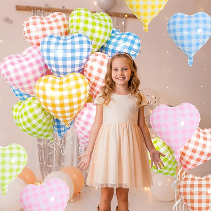 Pastel Grid Heart Balloons, 18 Inch Pink Yellow Blue Red Green Lattice Foil - Image 4