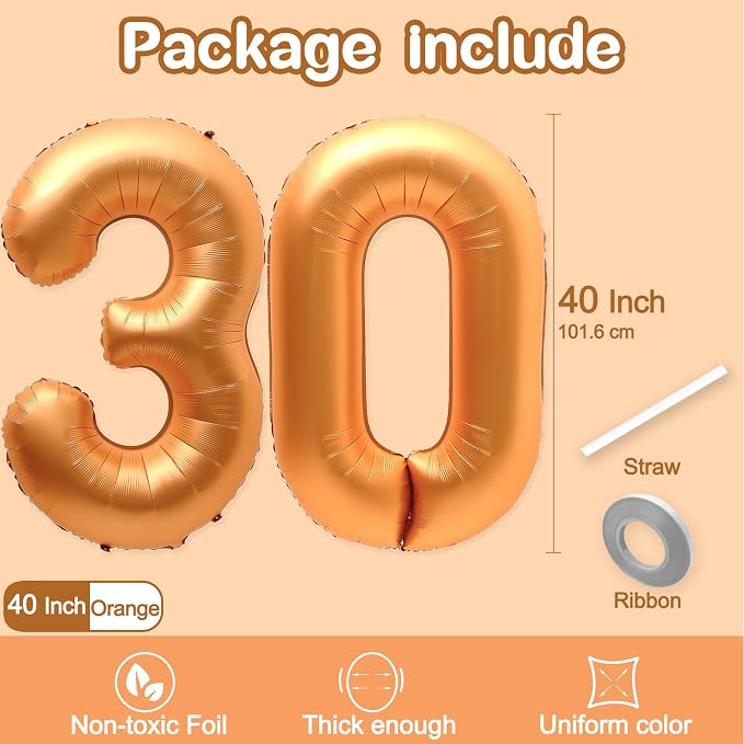 30 Balloon Number, 40 Inch Orange Foil Balloons Giant Jumbo Helium Number 30 - Image 2