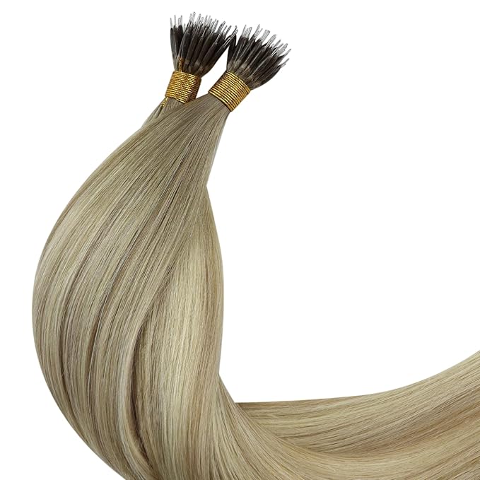 YoungSee Nano Bead Hair Extensions Human Hair Ombre Blonde Nano Ring Hair Extensions Human Hair Balayage Ash Blonde Ombre Platinum Blond Nanolink Hair Extension 22Inch for Wedding 50G 50S