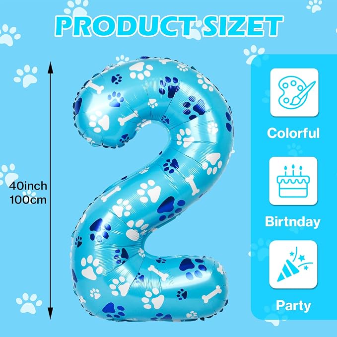 40 Inch Blue Dog Paw Birthday Balloons, Number 2 Balloons - Image 2
