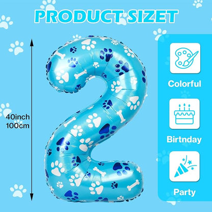 40 Inch Blue Dog Paw Birthday Balloons, Number 2 Balloons - Image 2