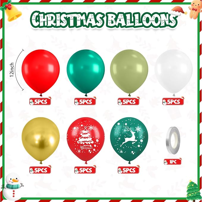 Christmas Balloons, Retro Green Gold Red and White Xmas Party Balloon - Image 2