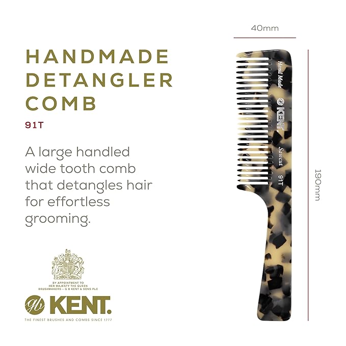 Kent 91T TW Detangler Comb for Women, Wide Tooth Hair Comb for Curly and Wavy Hair - for use in Dry or Wet Hair, Large Handle Shower Comb for Effective Detangling, Handmade Sawcut and Polished