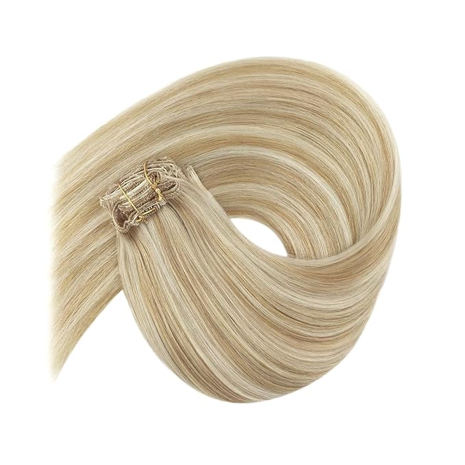 Ve Sunny Clip in Human Hair Extensions Blonde Highlighted Clip in Hair Extensions Real Human Hair Highlight Blonde Clip on Hair Extensions for Women Easy Apply 7pcs 120g 22 inch