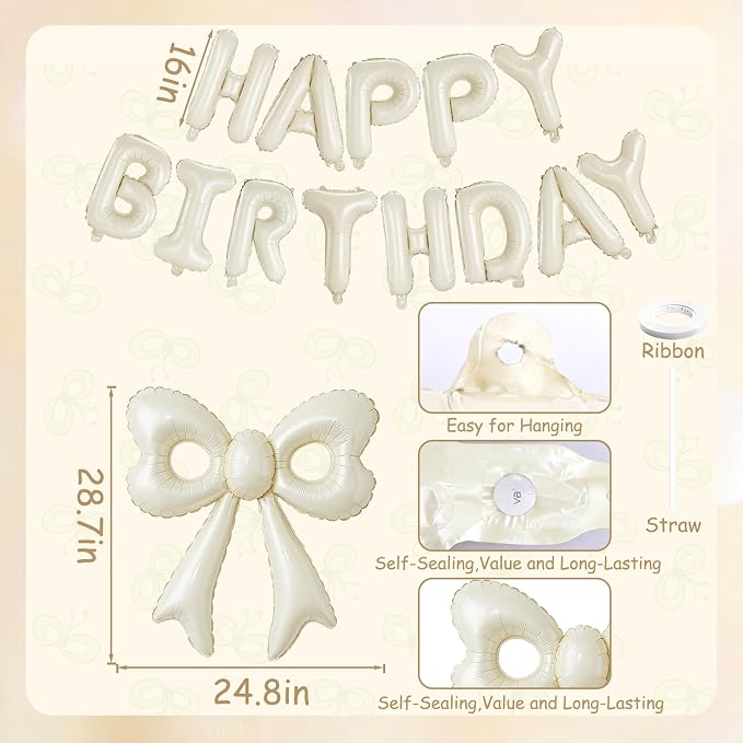Cream Happy Birthday Balloons, 31”Huge Beige Bow Aluminum Foil Balloon Banner - Image 6