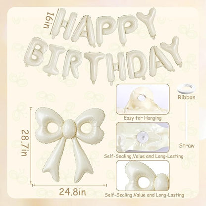 Cream Happy Birthday Balloons, 31”Huge Beige Bow Aluminum Foil Balloon Banner - Image 6