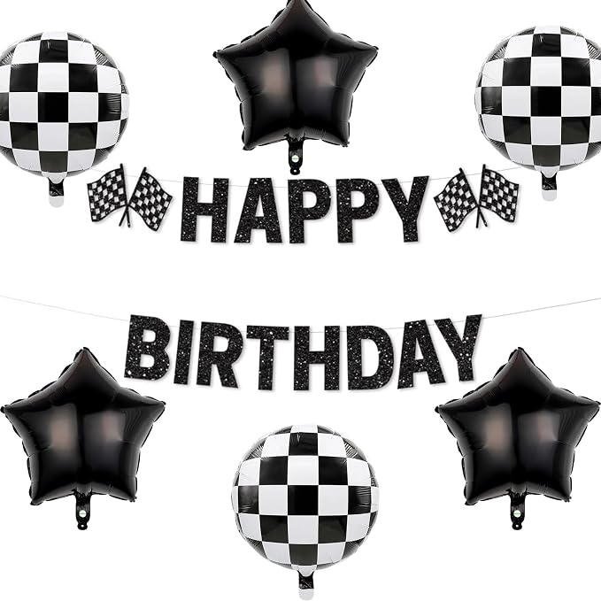 Race Car Theme Party Decorations Set Checkered Happy Birthday Banner Race Car by BIEUFBJI