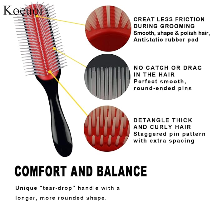 Classic Styling Hair Brush for Wet or Dry Curly Hair. 9 Row Black Brush for Detangling, Separating, Shaping