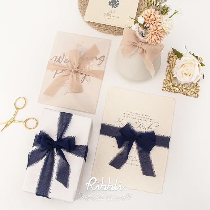 Ribbli Navy Ribbon 1 Inch x 3 Rolls Total 24 Yards Handmade Fringe Chiffon Silk - Image 5