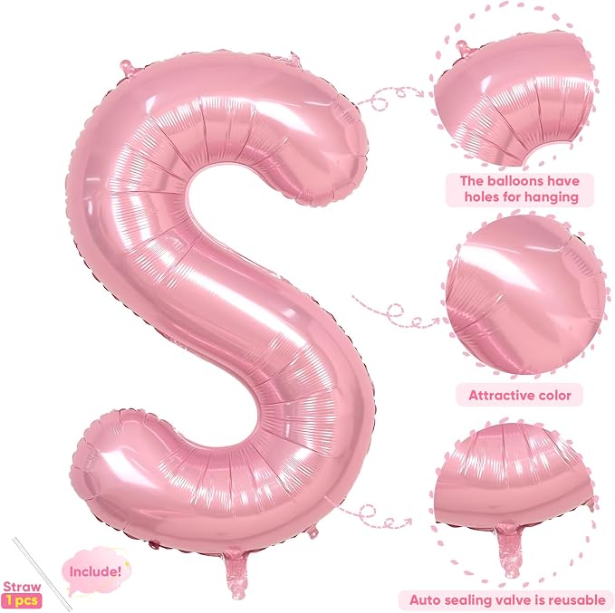 Pink Letter Balloon S, 40 Inch Big Pastel Pink Foil Helium Alphabet S Letter - Image 3