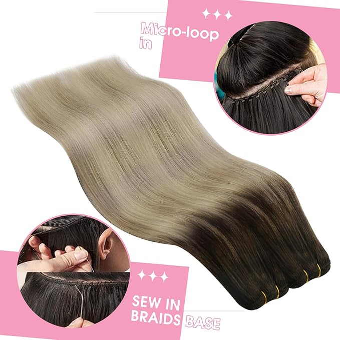 YoungSee Sew in Hair Extensions Real Human Hair Brown to Blonde Hair Extensions Weft Brown Ombre Golden Blond Mix Platinum Blonde Human Hair Weft Extensions Soft Remy Hair 18In 100G