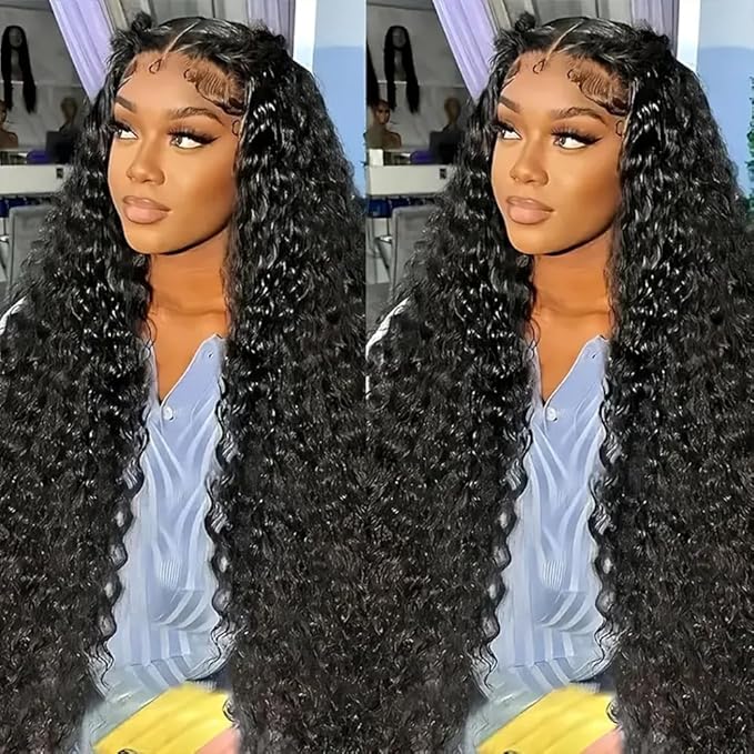 34 Inch Deep Wave Lace Front Wigs Human Hair 13x6 HD Lace Frontal Wigs for Women 200% Density Deep Curly Human Hair Wigs Pre Plucked with Baby Hair Glueless Wigs Natural Color