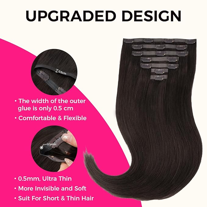 Lashey Seamless Clip in Hair Extensions Real Human Hair 7pcs 110g Straight, 16 Inch #2 Dark Brown Hair Extensions with PU Weft for Women