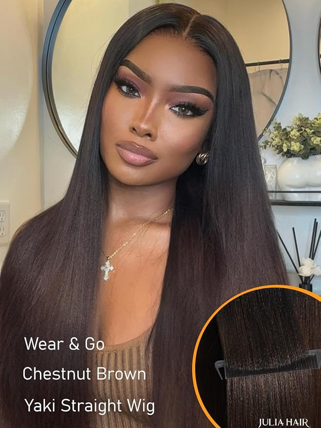 Julia Hair Chestnut Brown Ombre Yaki Straight 7x5 Pre Cut HD Lace Put On and Go Wig Bye Bye Knots Glueless Human Hair Wigs with Invisi Drawstring Pre Plucked Bleached Knots Beginner Friendly 24 Inch