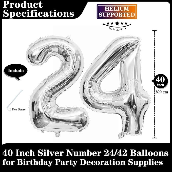 Silver 24 Number Balloons, 40 Inch Giant Number 24 Balloons Foil Mylar Helium - Image 2