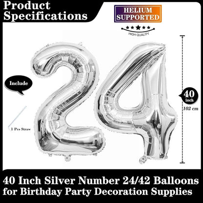 Silver 24 Number Balloons, 40 Inch Giant Number 24 Balloons Foil Mylar Helium - Image 2