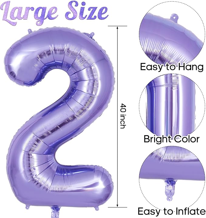 Purple Number 2 Balloon 40 Inch, Big Large Foil Helium Number Balloons - Image 3